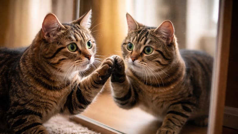 Un gato observa su reflejo con atención y curiosidad, sin reconocer que la imagen frente a él es su propio cuerpo: la ciencia explica que interpreta el espejo como la posible presencia de otro animal. Fuente: IA