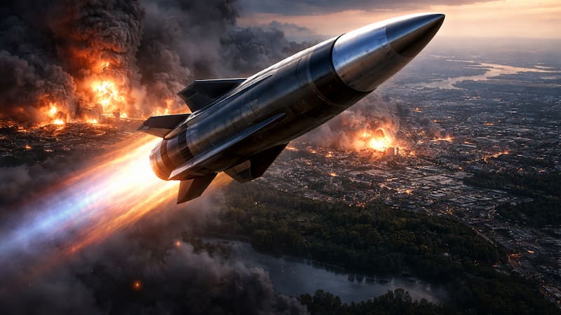 Un misil balístico de última generación atraviesa el cielo a velocidad hipersónica mientras impacta sobre una zona urbana, en una escena que refleja el nuevo nivel de amenaza y precisión en los conflictos modernos. Fuente: IA