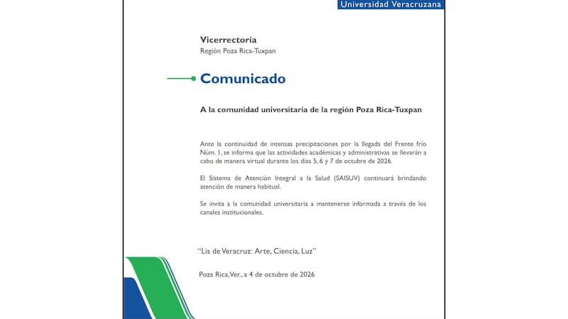 La Universidad Veracruzana implementó clases virtuales en la región Poza Rica-Tuxpan del 5 al 7 de octubre debido a las condiciones del Frente Frío 1.