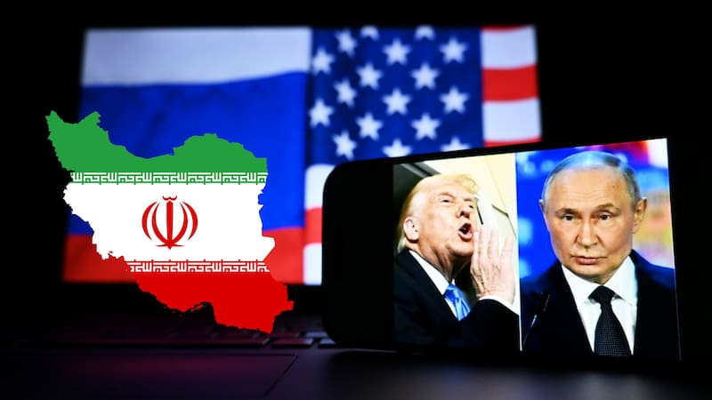 US President Donald Trump and Russian President Vladimir Putin appear on the screen. In the background are the US and Russian flags. New York, U.S 06.06.2025