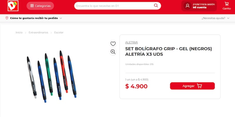 El kit escolar de D1 incluye bolígrafos con diseño ergonómico, ideales para largas jornadas de estudio.