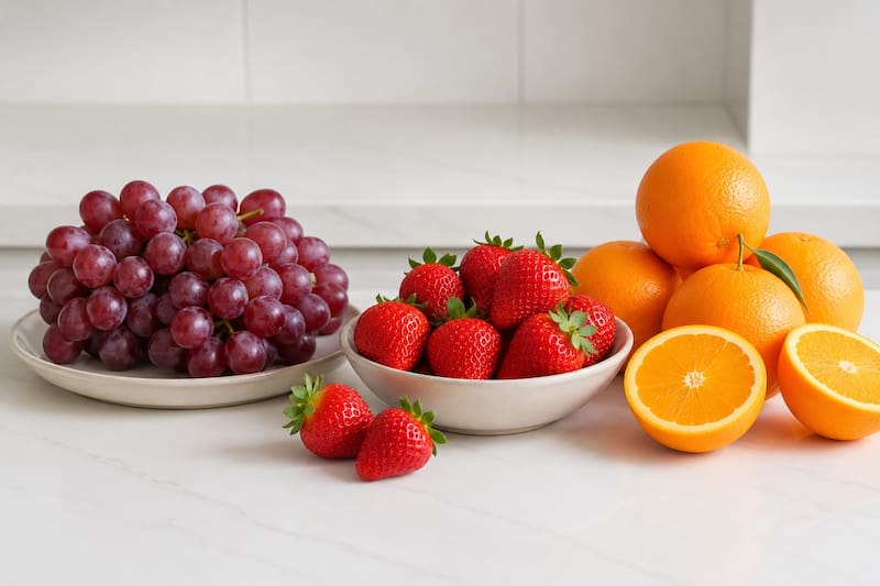 Las uvas, las fresas y las naranjas aparecen entre las frutas con mayores niveles de residuos de pesticidas detectados en controles europeos. (Imagen ilustrativa creada con IA)