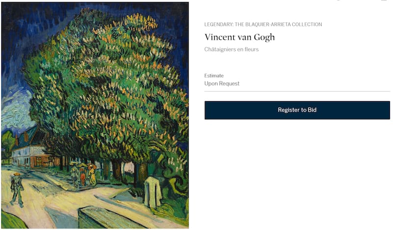 Sotheby's website listing for Vincent Van Gogh's latest auction.