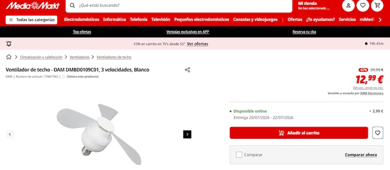 MediaMarkt ofrece ventiladores de techo en descuento: cuenta con un modelo por menos de 13 euros y con luz LED integrada.