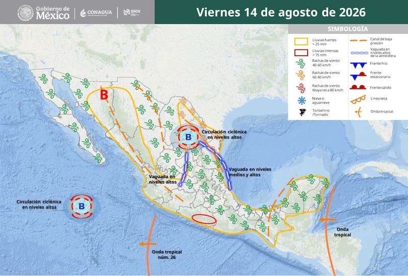 Alerta por lluvias, tormentas eléctricas y posible caída de granizo el viernes 14 de agosto. (Fuente: SMN de México)