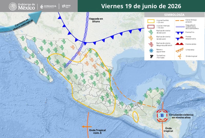El pronóstico del tiempo para la República Mexicana durante el viernes 19 de junio. (Foto: SMN)
