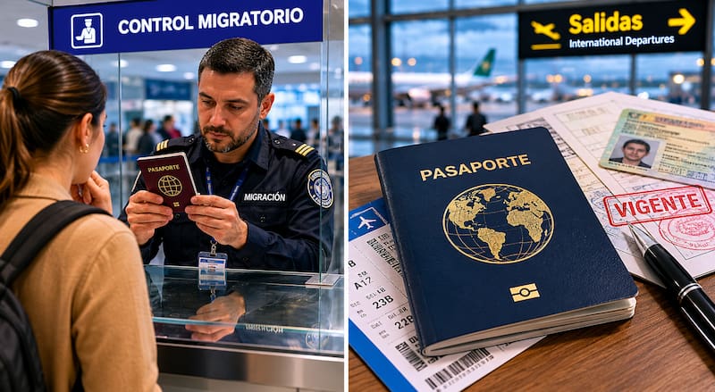 Un oficial de migración revisa el pasaporte de una pasajera en el mostrador de control, donde se verifican documentos antes de autorizar el ingreso o salida del país.