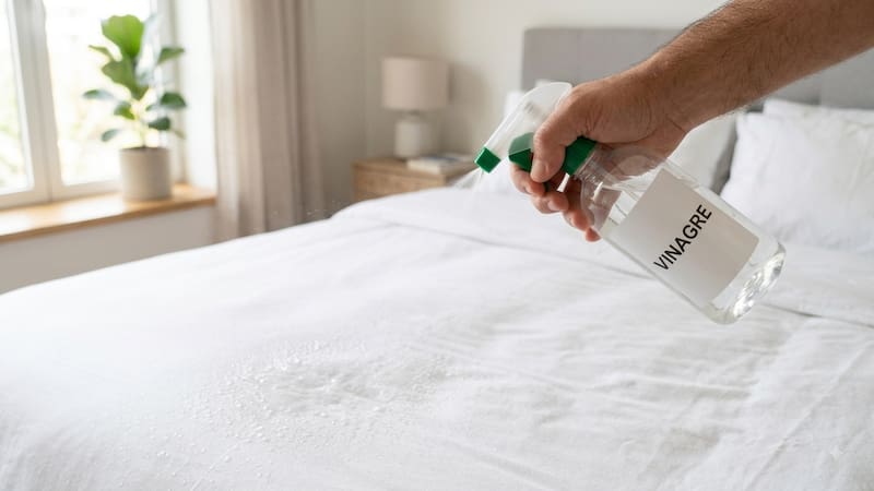 Rociar una mezcla de vinagre blanco y agua sobre la ropa de cama es un truco casero que muchas personas usan para refrescar las telas y neutralizar olores.