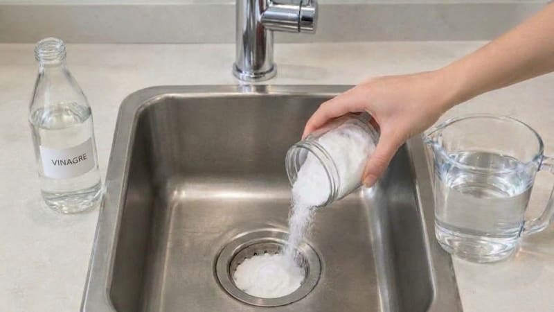 Un truco casero combina bicarbonato de sodio y vinagre para ayudar a limpiar el desagüe de la bacha.