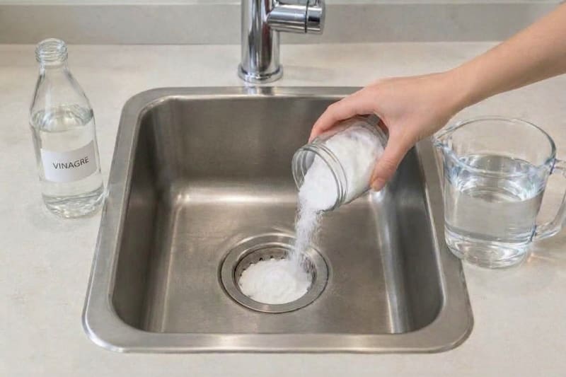 La combinación de bicarbonato y vinagre genera una reacción espumosa que puede incorporarse a la limpieza del desagüe de la cocina.