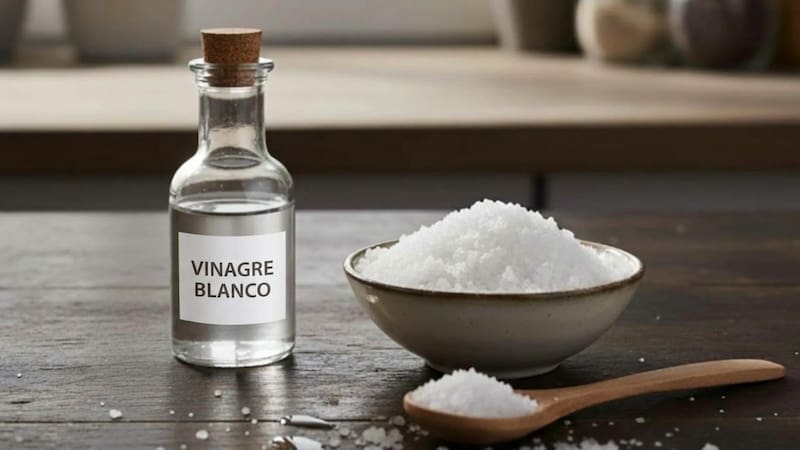 La mezcla de vinagre blanco puro y sal actúa como un potente limpiador de superficies.