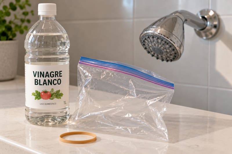 Botella de vinagre blanco junto a una bolsa de plástico transporte y una banda elástica, con un cabezal de ducha.