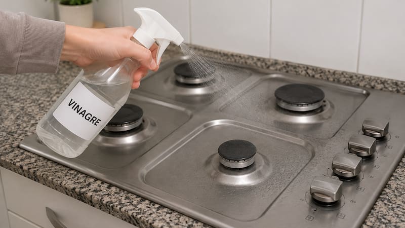 El vinagre puede facilitar la limpieza de la cocina al ablandar la suciedad acumulada y hacer más sencilla su eliminación.
