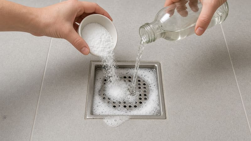Vinagre y bicarbonato en el desagüe del baño.
