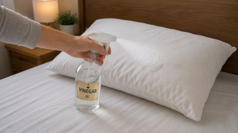 spraying vinegar on pillows