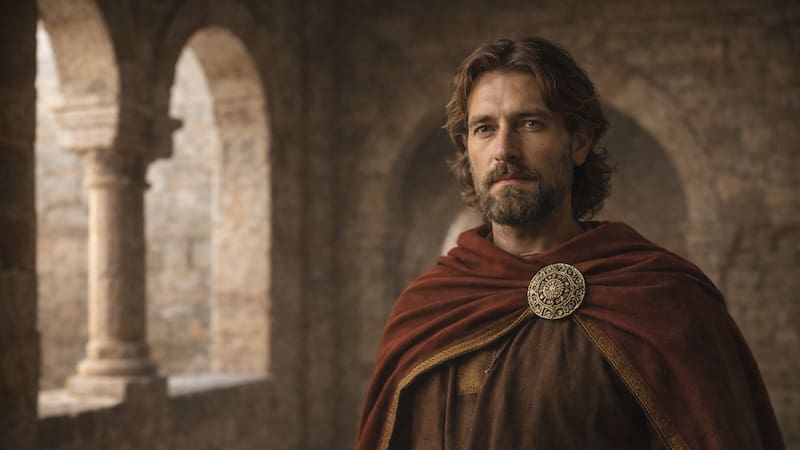 Recreación histórica de un noble visigodo en la Hispania del siglo VI, periodo que dejó huella en la formación de algunos apellidos españoles.