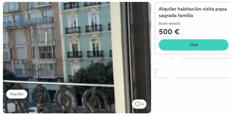 Vista de uno de los anuncios del portal Wallapop donde se alquilan terrazas para ver el recorrido del papamóvil del Papa León XIV del próximo día 10 en Barcelona por 500 euros