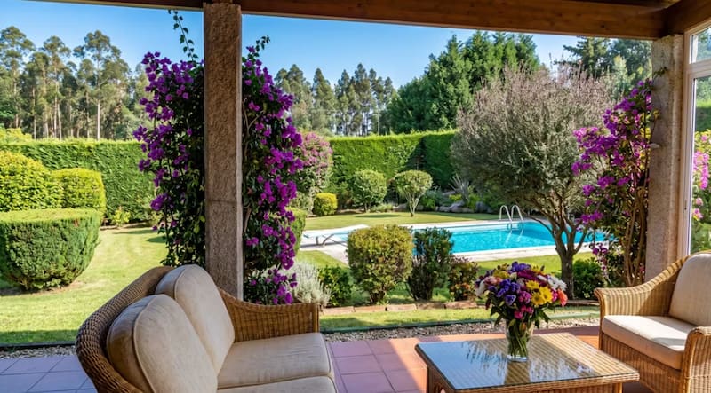 Vistas a la piscina desde el interior de la vivienda. Fuente: Aldeas Abandonadas