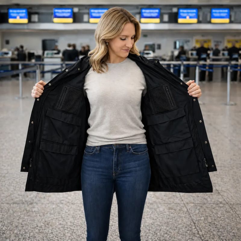 La campera puede almacenar hasta 6,3 kilos en sus distintos bolsillos (Fuente: Voyage Coat).