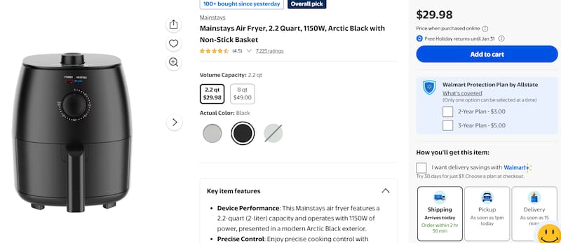Walmart sells a 2-liter air fryer with nonstick basket and pan for US$29.98: it is ideal for small kitchens.