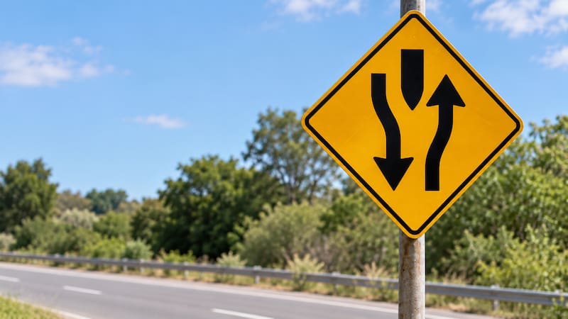 What the traffic sign with two arrows in opposite directions around a center divider means.