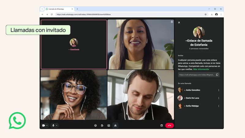 Captura de pantalla de la interfaz de WhatsApp Web en una computadora, mostrando una videollamada grupal con varios participantes en cuadrícula y un panel lateral con la etiqueta "Llamadas con invitado" y el enlace para compartir.