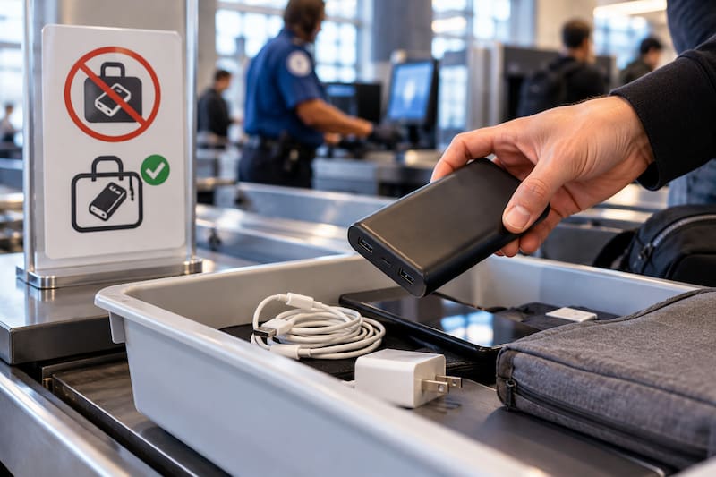 Why is it prohibited to carry portable chargers in checked baggage?