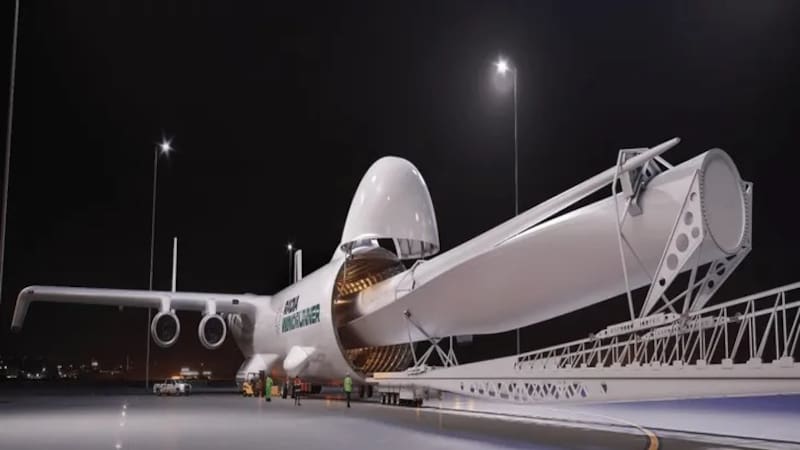 Una empresa estadounidense está desarrollando un avión colosal de 108 metros de largo que promete transformar el futuro del transporte de energía eólica. Imagen: Radia.