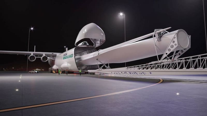 Render de una carga de una pala eólica en el avión Windrunner. Fuente: Radia.