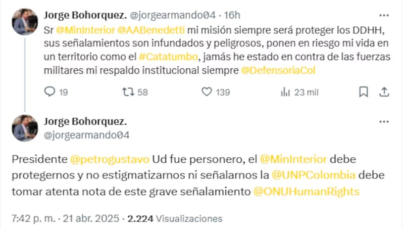 La respuesta de Jorge Armando Bohórquez ante los señalamientos de Armando Benedetti.