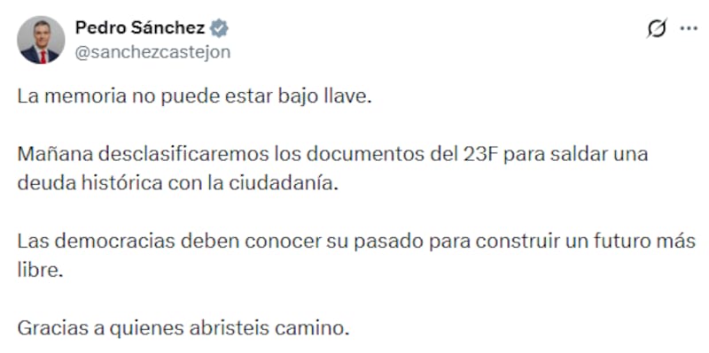 Pedro Sánchez anuncia la desclasificación de los documentos del 23F.