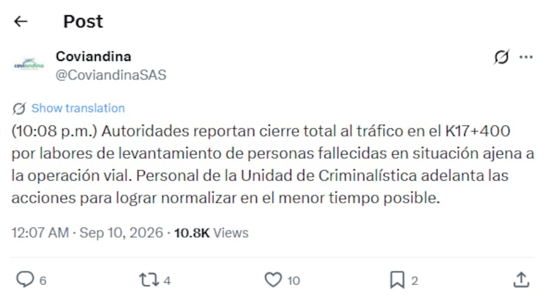 El hallazgo ocurrió en el kilómetro 17+400 de la vía Bogotá-Villavicencio, en jurisdicción de Chipaque. Las autoridades reportaron el cierre total al tráfico en ese sector.