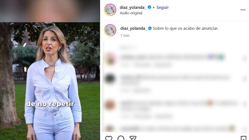 MADRID, 25/02/2026.- La vicepresidenta segunda del Gobierno, Yolanda Díaz, ha anunciado este miércoles que no será candidata en las próximas elecciones generales, una decisión "muy meditada" y que ha comunicado a su familia, a su espacio político Sumar y al presidente del Gobierno, Pedro Sánchez. "Quiero anunciaros que no seré candidata a las próximas elecciones generales de 2027. Es una decisión muy meditada y que he comunicado a mis seres queridos, al conjunto de mi espacio político y al presidente del Gobierno", ha escrito en una carta publicada en la red social Bluesky. EFE/Cuenta de Yolanda Díaz en Instagram -SÓLO USO EDITORIAL/SOLO USO PERMITIDO PARA ILUSTRAR LA NOTICIA QUE APARECE EN EL PIE DE FOTO (CRÉDITO OBLIGATORIO)-