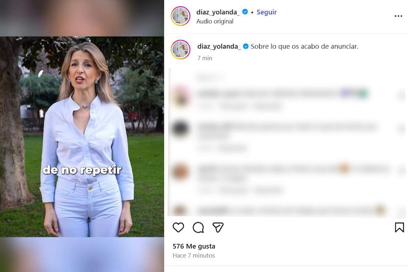 MADRID, 25/02/2026.- La vicepresidenta segunda del Gobierno, Yolanda Díaz, ha anunciado este miércoles que no será candidata en las próximas elecciones generales, una decisión "muy meditada" y que ha comunicado a su familia, a su espacio político Sumar y al presidente del Gobierno, Pedro Sánchez. "Quiero anunciaros que no seré candidata a las próximas elecciones generales de 2027. Es una decisión muy meditada y que he comunicado a mis seres queridos, al conjunto de mi espacio político y al presidente del Gobierno", ha escrito en una carta publicada en la red social Bluesky. EFE/Cuenta de Yolanda Díaz en Instagram -SÓLO USO EDITORIAL/SOLO USO PERMITIDO PARA ILUSTRAR LA NOTICIA QUE APARECE EN EL PIE DE FOTO (CRÉDITO OBLIGATORIO)-